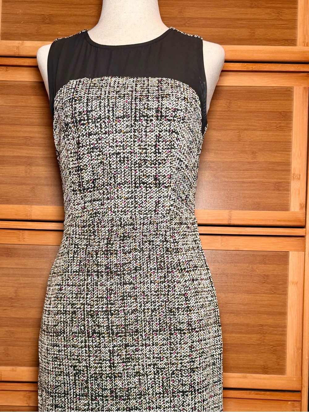 River Island Black-and-White Tweed Midi Dress with Sheer Yoke
